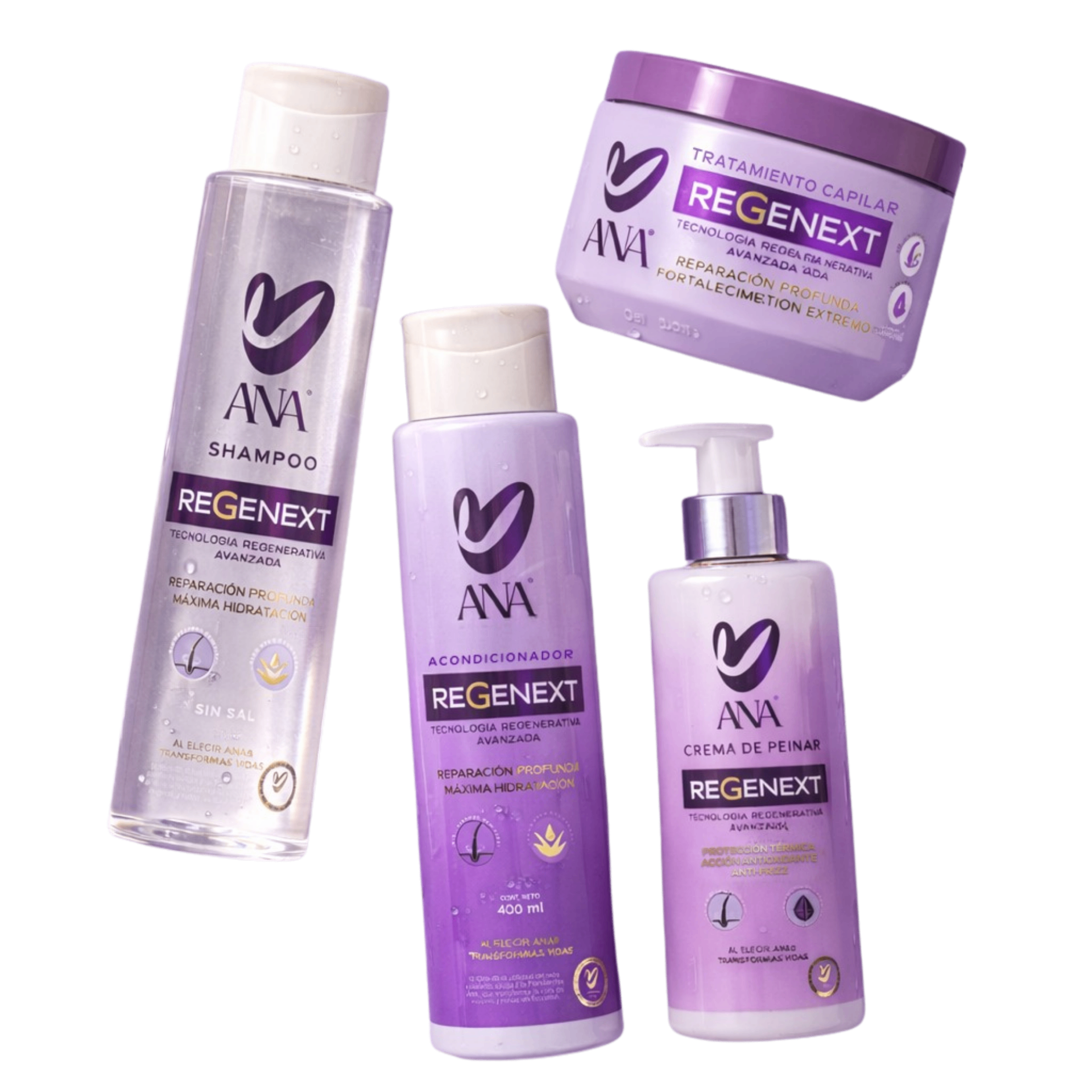 Colección REGENEXT: shampoo, acondicionador, crema para peinar y tratamiento capilar
